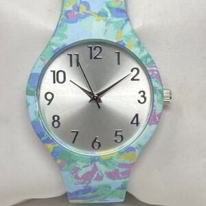 Accutime Watch Women 35mm Silver Tone Pastel Floral Watercolor Cuff New Battery